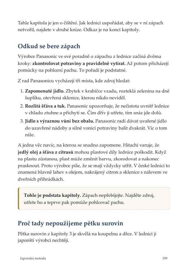 Ukázka z knihy Japonská metoda: stránka kapitoly o lednici s rámečkem